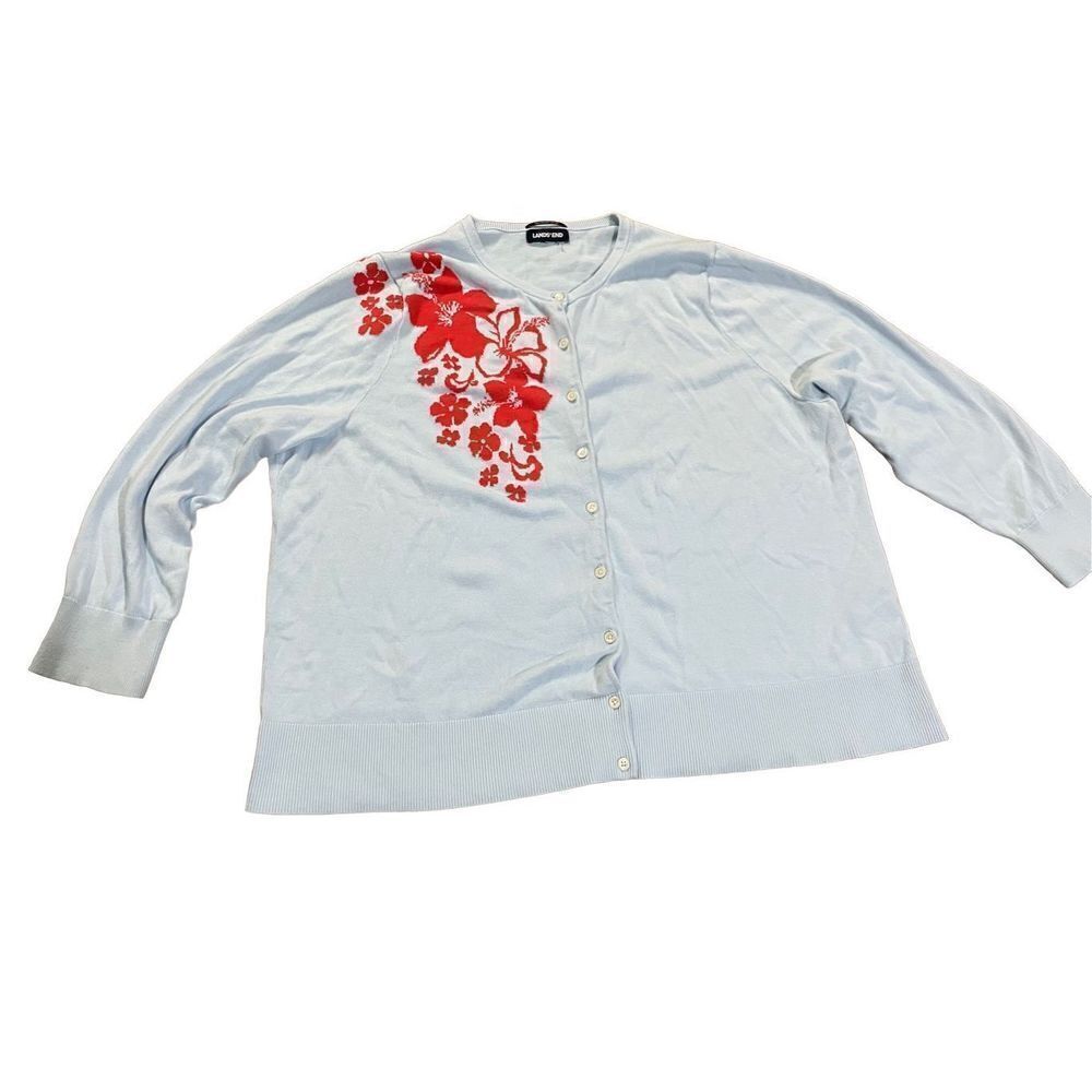 Lands' End Women's Long Sleeve‎ Cardigan Light Sky Blue Hibiscus 3X - Picture 7 of 7